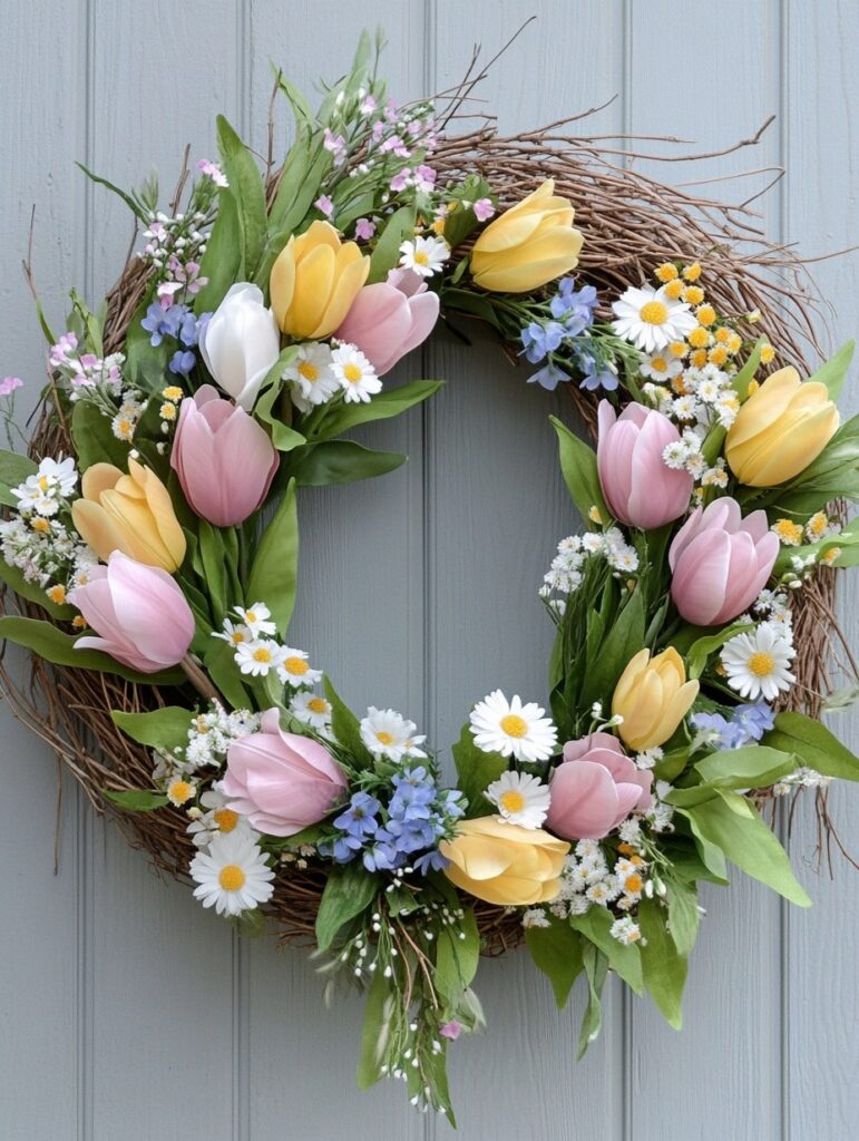 Pastel Tulip and Daisy Wreath