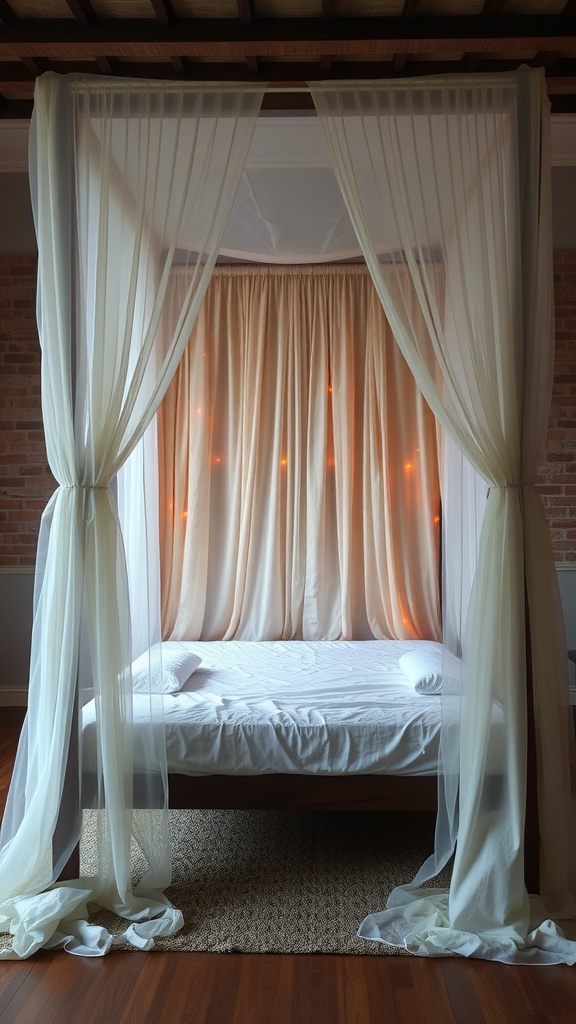 Cozy canopy bed with sheer curtains and warm lights